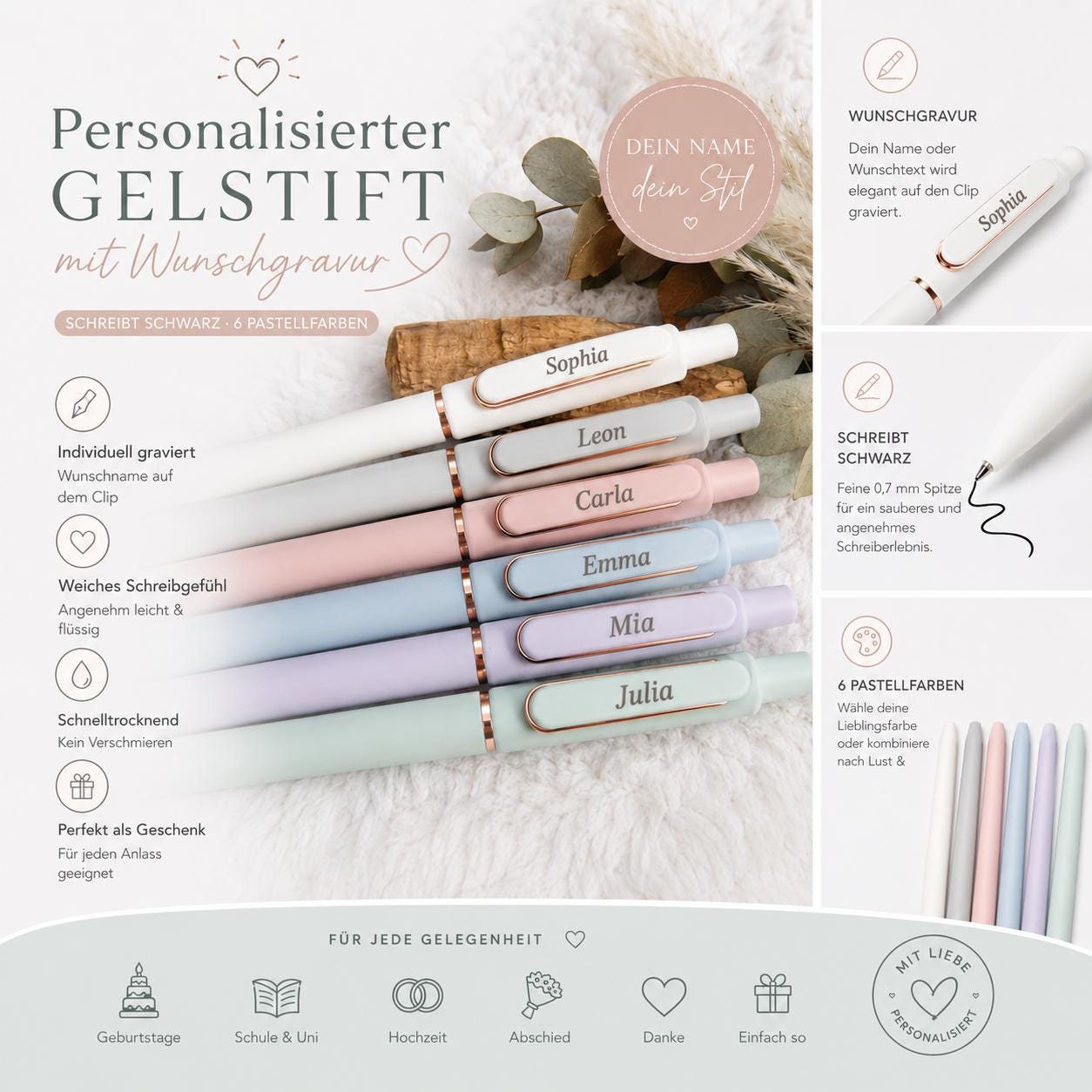 Gelschreiber personalisiert 6 pastellige Farben samtige Oberfläche mit Gravur Kuli Stift Gastgeschenk Geschenk Kugelschreiber