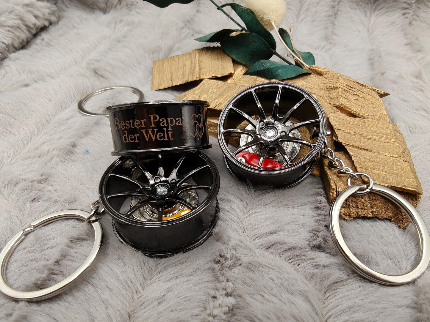 Personalisierter Felgen Schlüsselanhänger mit Gravur | Auto Felge | Aluminium Anhänger | Tuning Geschenk | Bremssattel rot blau gelb