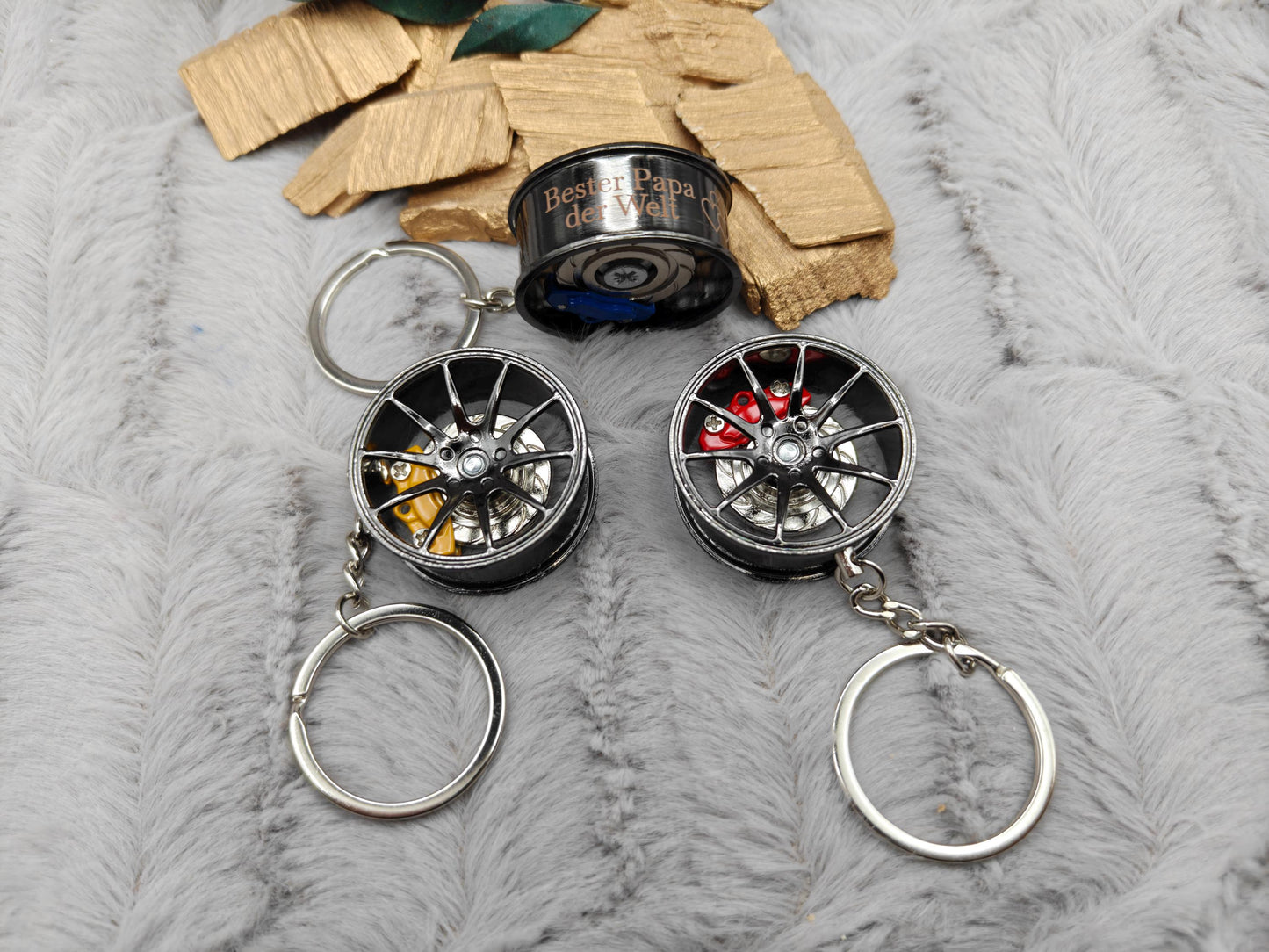 Personalisierter Felgen Schlüsselanhänger mit Gravur | Auto Felge | Aluminium Anhänger | Tuning Geschenk | Bremssattel rot blau gelb