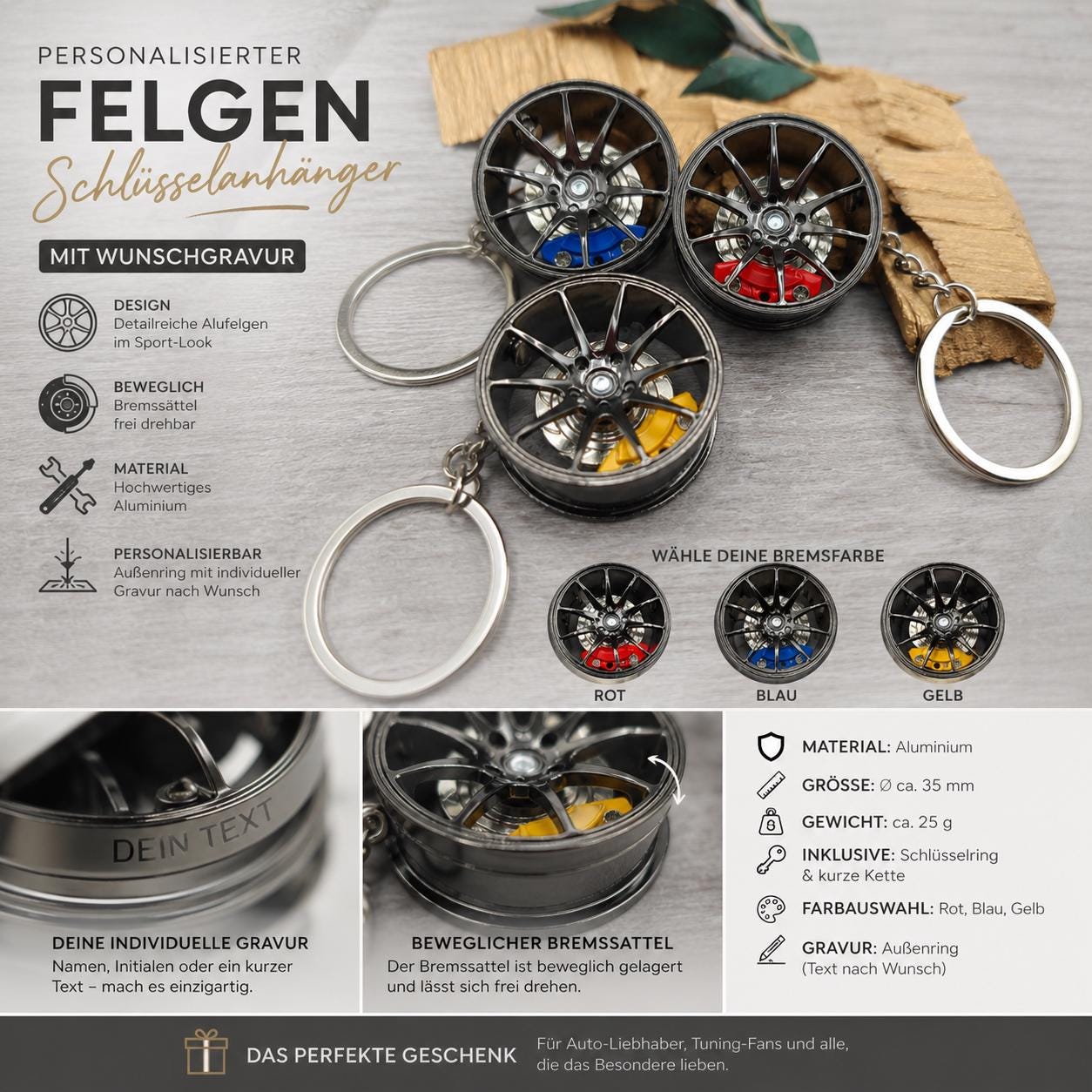 Personalisierter Felgen Schlüsselanhänger mit Gravur | Auto Felge | Aluminium Anhänger | Tuning Geschenk | Bremssattel rot blau gelb