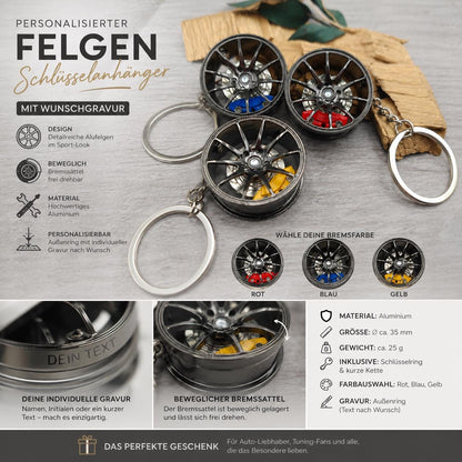 Personalisierter Felgen Schlüsselanhänger mit Gravur | Auto Felge | Aluminium Anhänger | Tuning Geschenk | Bremssattel rot blau gelb