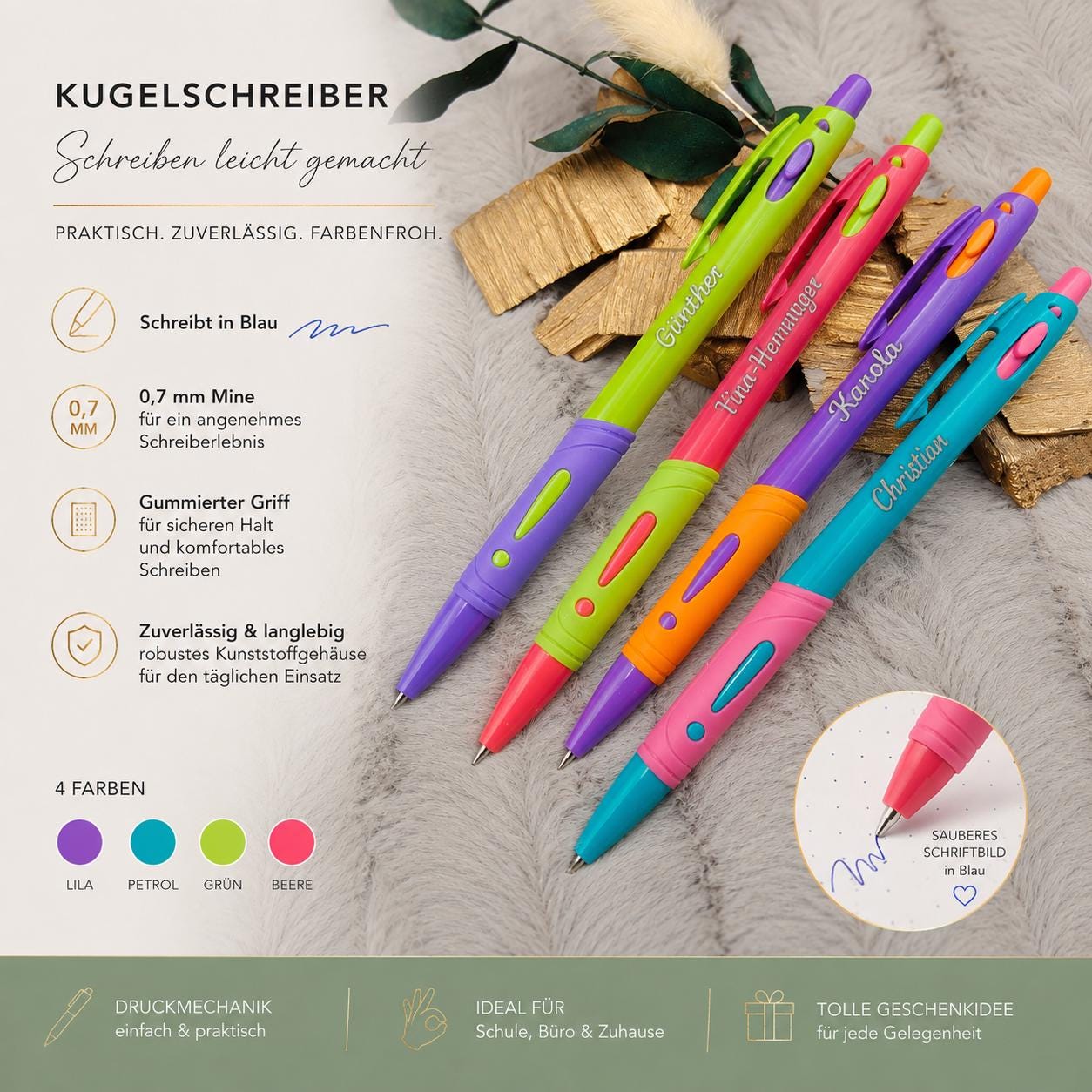 Gelschreiber personalisiert 4 schöne Farben gummierter Griff mit Gravur Kuli Stift Gastgeschenk Geschenk Kugelschreiber