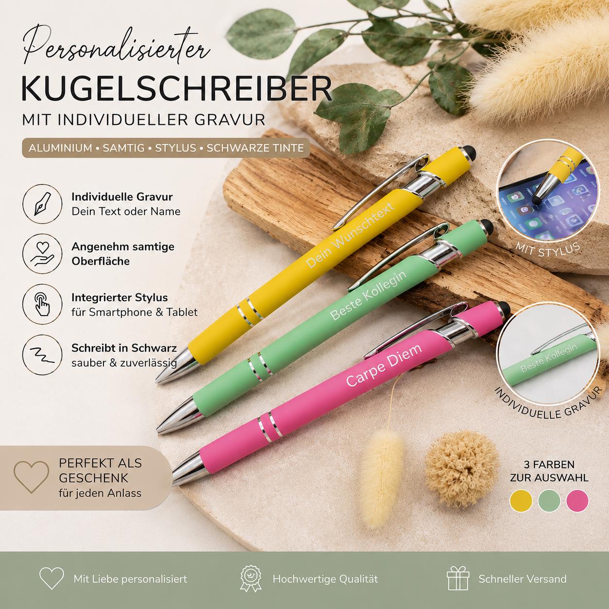 Kugelschreiber personalisiert mit Touchpen 3 Farben aus Aluminium mit Gravur Kuli Stift Holz Gastgeschenk Geschenk