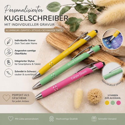 Kugelschreiber personalisiert mit Touchpen 3 Farben aus Aluminium mit Gravur Kuli Stift Holz Gastgeschenk Geschenk