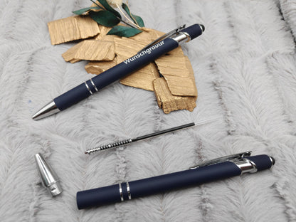 Kugelschreiber personalisiert mit Touchpen dunkelblau aus Aluminium mit Gravur Kuli Stift Holz Gastgeschenk Geschenk