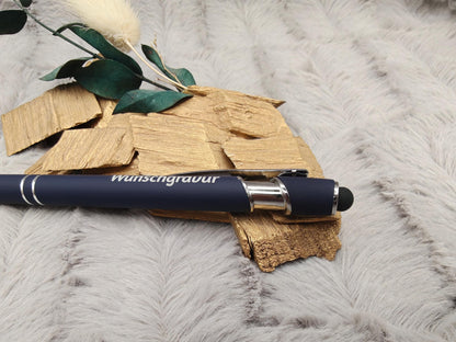 Kugelschreiber personalisiert mit Touchpen dunkelblau aus Aluminium mit Gravur Kuli Stift Holz Gastgeschenk Geschenk