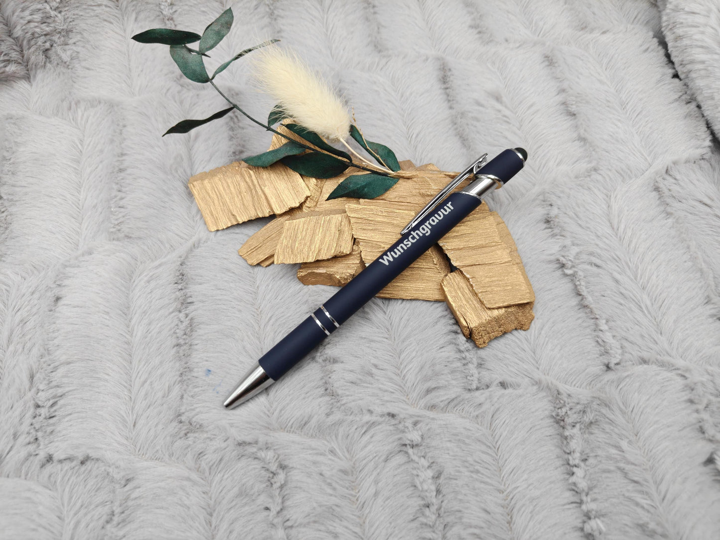 Kugelschreiber personalisiert mit Touchpen dunkelblau aus Aluminium mit Gravur Kuli Stift Holz Gastgeschenk Geschenk
