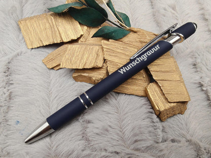 Kugelschreiber personalisiert mit Touchpen dunkelblau aus Aluminium mit Gravur Kuli Stift Holz Gastgeschenk Geschenk