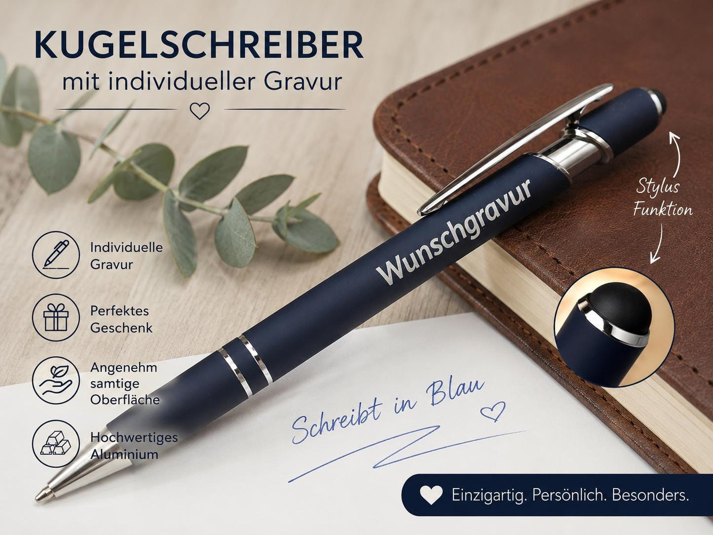 Kugelschreiber personalisiert mit Touchpen dunkelblau aus Aluminium mit Gravur Kuli Stift Holz Gastgeschenk Geschenk