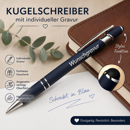 Kugelschreiber personalisiert mit Touchpen dunkelblau aus Aluminium mit Gravur Kuli Stift Holz Gastgeschenk Geschenk