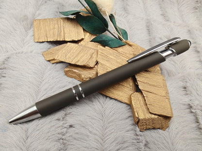 Kugelschreiber personalisiert mit Touchpen dunnkelmokka aus Aluminium mit Gravur Kuli Stift Holz Gastgeschenk Geschenk