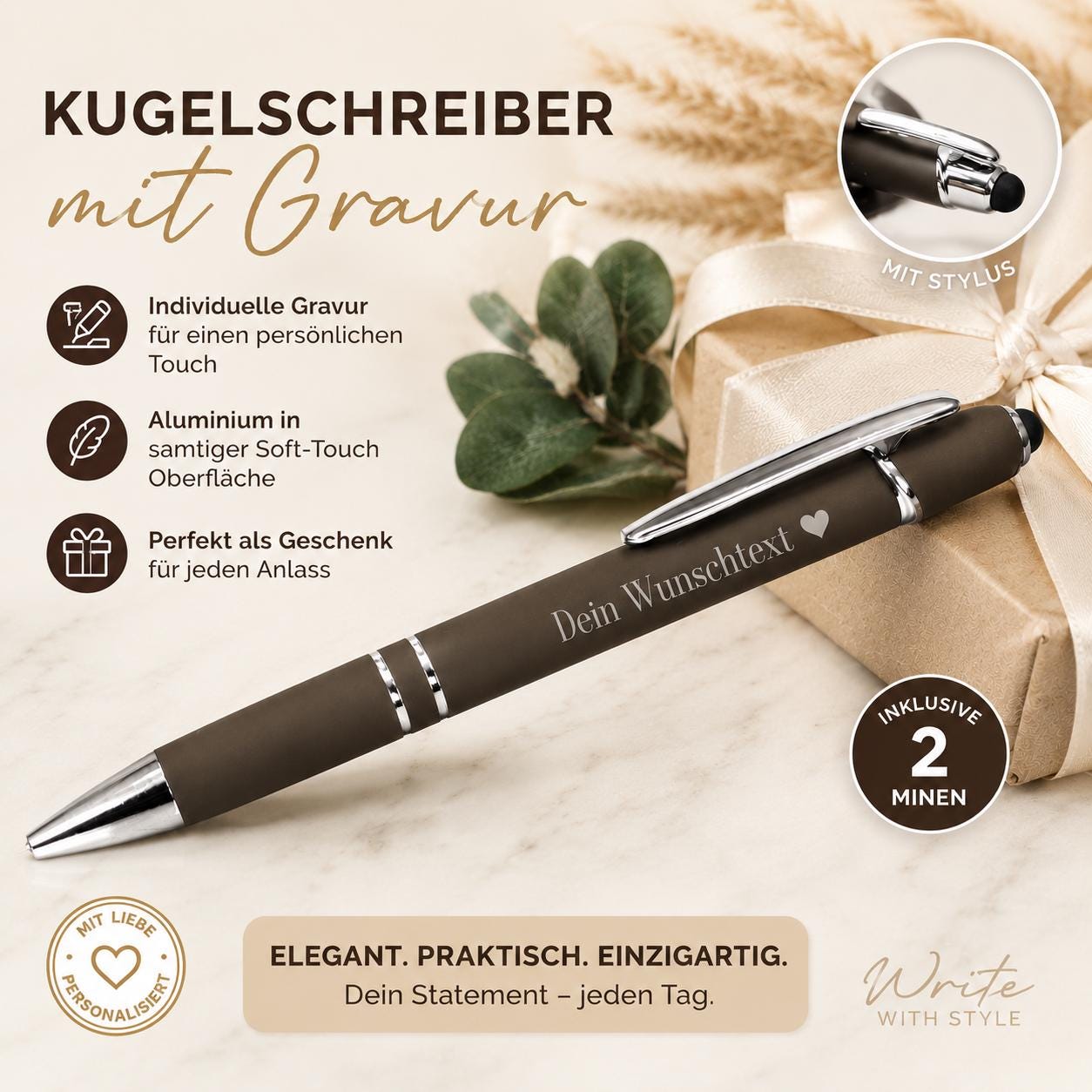 Kugelschreiber personalisiert mit Touchpen dunnkelmokka aus Aluminium mit Gravur Kuli Stift Holz Gastgeschenk Geschenk