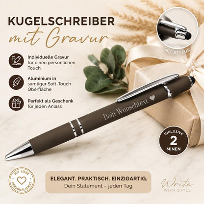 Kugelschreiber personalisiert mit Touchpen dunnkelmokka aus Aluminium mit Gravur Kuli Stift Holz Gastgeschenk Geschenk