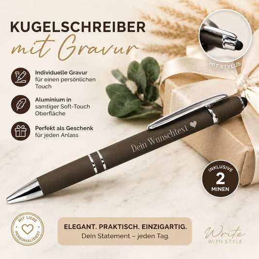 Kugelschreiber personalisiert mit Touchpen dunnkelmokka aus Aluminium mit Gravur Kuli Stift Holz Gastgeschenk Geschenk