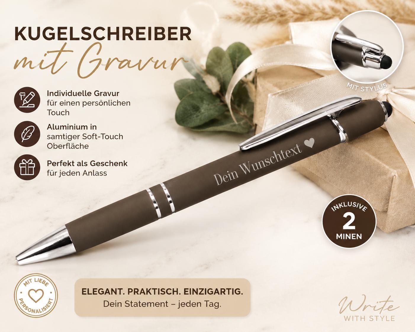 Kugelschreiber personalisiert mit Touchpen dunnkelmokka aus Aluminium mit Gravur Kuli Stift Holz Gastgeschenk Geschenk