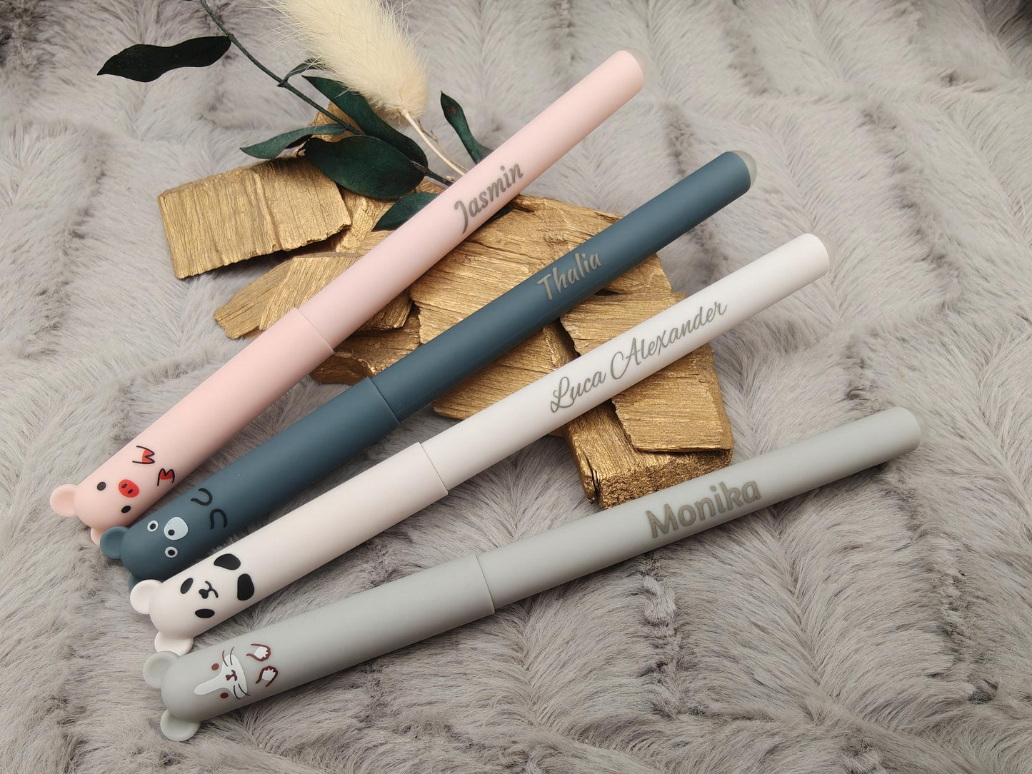 Personalisierter Tier Gelschreiber radierbar | Stift mit Gravur Name | Tintenroller Panda Maus Bär Schwein | Geschenk Schulanfang
