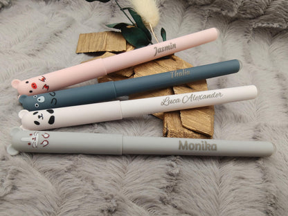 Personalisierter Tier Gelschreiber radierbar | Stift mit Gravur Name | Tintenroller Panda Maus Bär Schwein | Geschenk Schulanfang