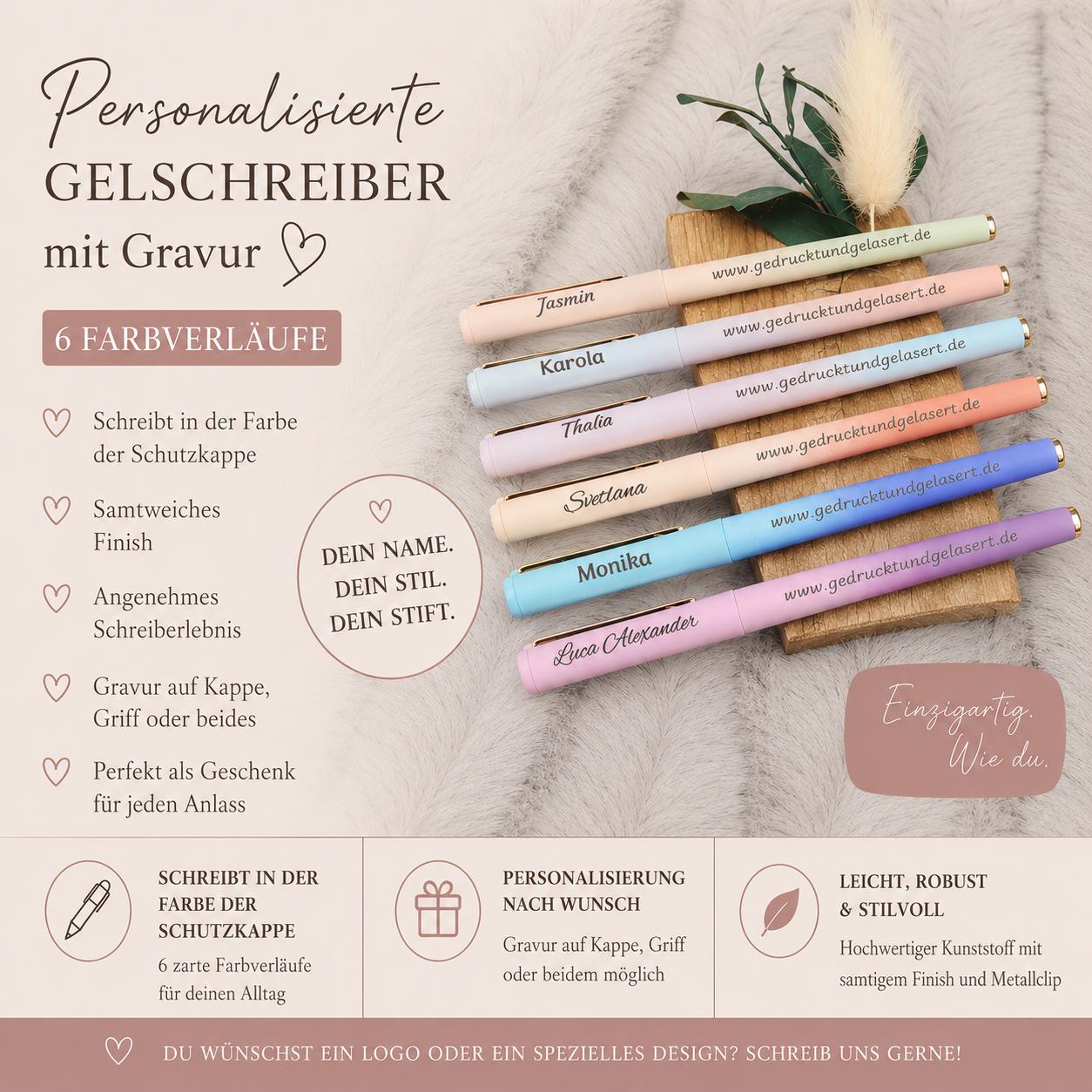 Personalisierter Gelschreiber mit Farbverlauf | Soft-Touch Stift mit Gravur | Name auf Kappe oder Griff | Bunte Tinte | Geschenk