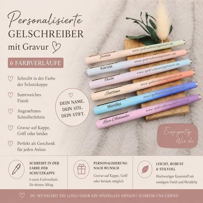 Personalisierter Gelschreiber mit Farbverlauf | Soft-Touch Stift mit Gravur | Name auf Kappe oder Griff | Bunte Tinte | Geschenk
