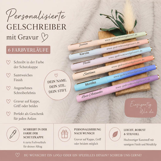 Personalisierter Gelschreiber mit Farbverlauf | Soft-Touch Stift mit Gravur | Name auf Kappe oder Griff | Bunte Tinte | Geschenk