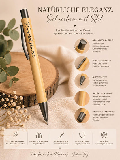Kugelschreiber personalisiert aus Bambus mit PU Kunstleder-Etui mit Gravur gunmetal Kuli Stift Holz Gastgeschenk Geschenk Gift