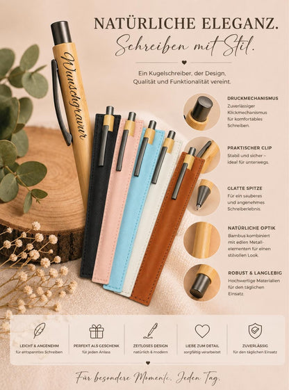 Kugelschreiber personalisiert aus Bambus mit PU Kunstleder-Etui mit Gravur gunmetal Kuli Stift Holz Gastgeschenk Geschenk Gift