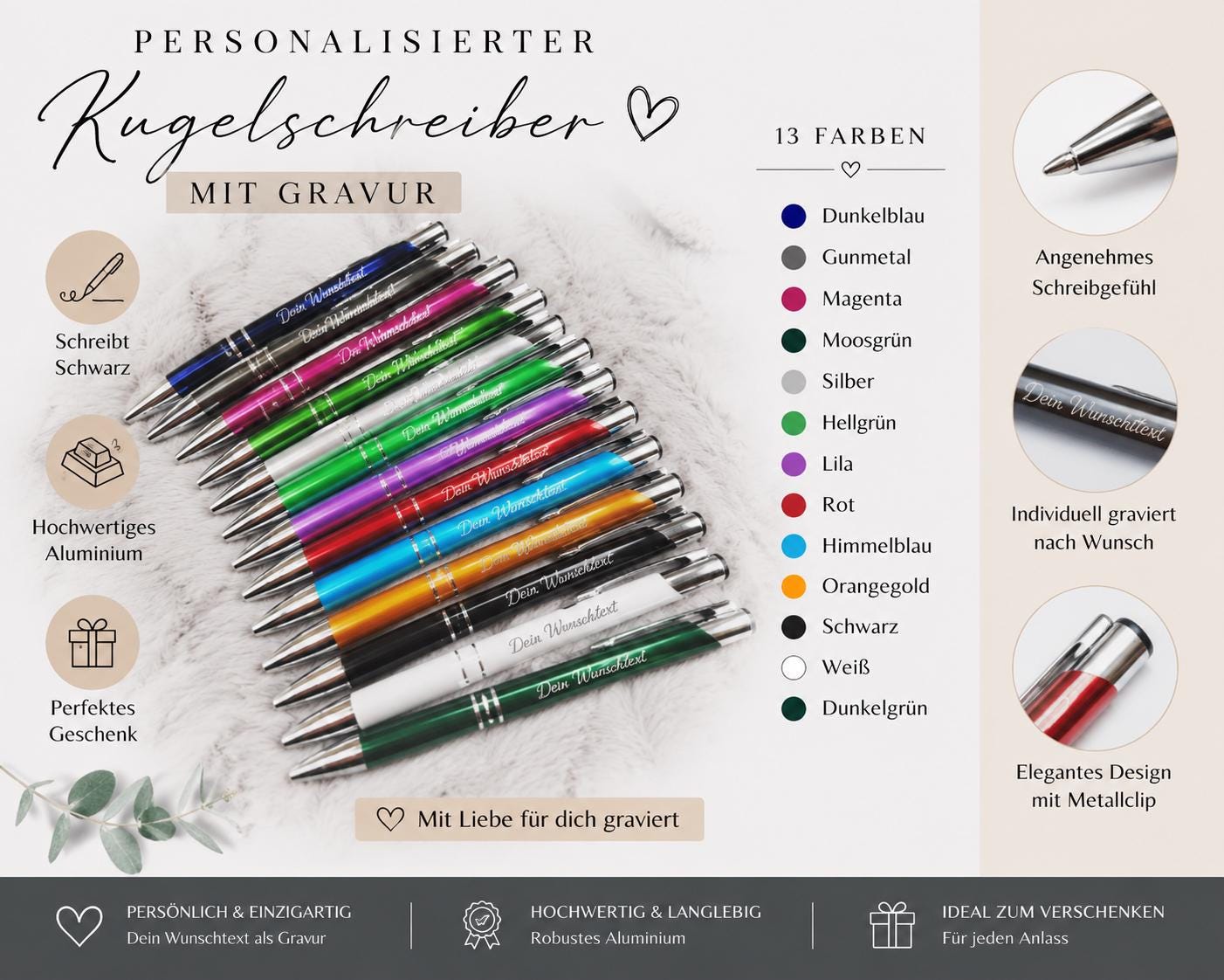 Personalisierter Kugelschreiber Aluminium 13 Farben mit Gravur | Kuli mit Name | Hochwertiger Stift schwarz schreibend | Geschenk Kollegen