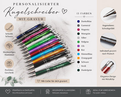 Personalisierter Kugelschreiber Aluminium 13 Farben mit Gravur | Kuli mit Name | Hochwertiger Stift schwarz schreibend | Geschenk Kollegen