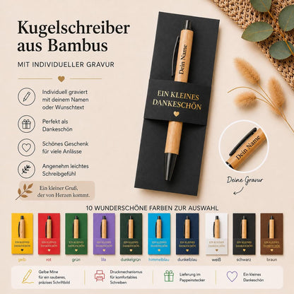 Kugelschreiber Bambus personalisiert in Papphülle mit "Ein Kleines Dankeschön" 10 Schöne Farben Geschenk Bambus individueller Gravur