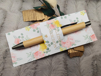 Kugelschreiber Bambus personalisiert in Papphülle mit "Ein Kleines Dankeschön" 6 florare Muster Geschenk individueller Gravur