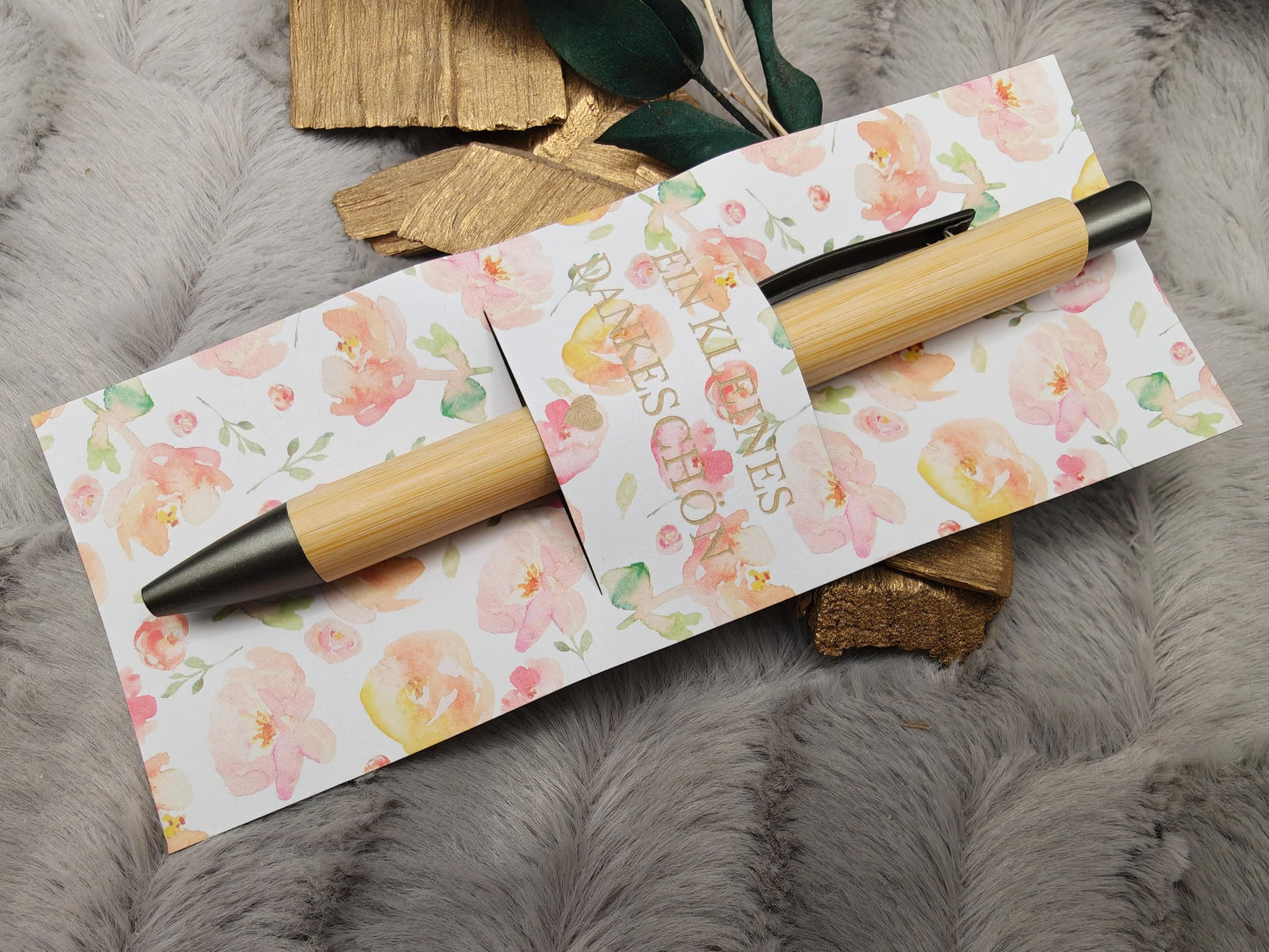 Kugelschreiber Bambus personalisiert in Papphülle mit "Ein Kleines Dankeschön" 6 florare Muster Geschenk individueller Gravur
