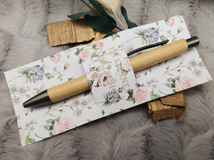 Kugelschreiber Bambus personalisiert in Papphülle mit "Ein Kleines Dankeschön" 5 florare Muster Geschenk individueller Gravur