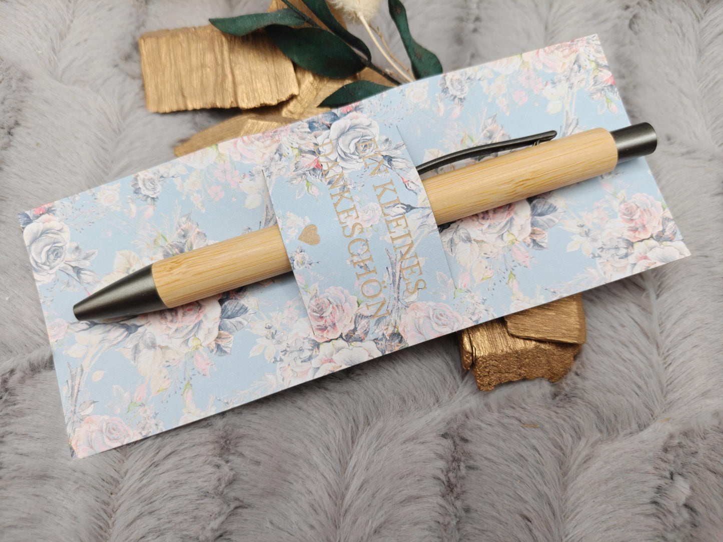Kugelschreiber Bambus personalisiert in Papphülle mit "Ein Kleines Dankeschön" 5 florare Muster Geschenk individueller Gravur