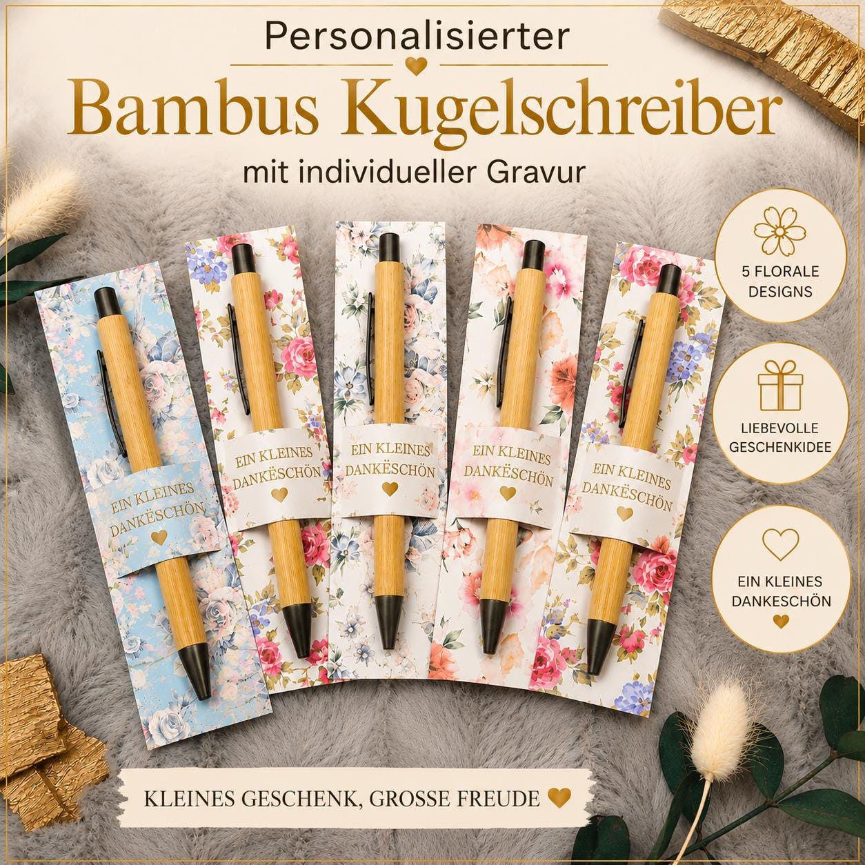 Kugelschreiber Bambus personalisiert in Papphülle mit "Ein Kleines Dankeschön" 5 florare Muster Geschenk individueller Gravur