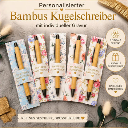 Kugelschreiber Bambus personalisiert in Papphülle mit "Ein Kleines Dankeschön" 5 florare Muster Geschenk individueller Gravur