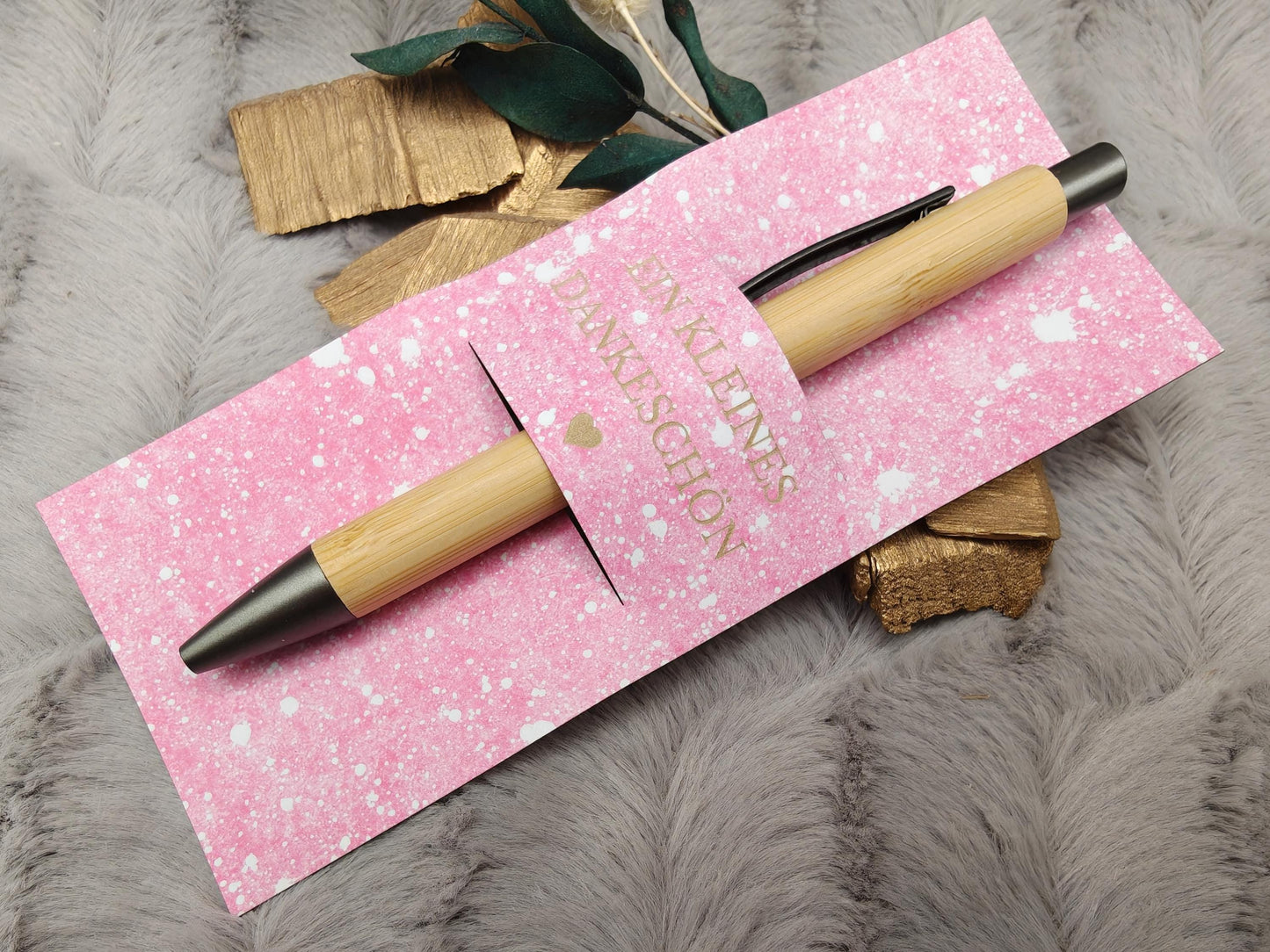 Kugelschreiber Bambus personalisiert in Papphülle mit "Ein Kleines Dankeschön" 7 schöne Muster Geschenk individueller Gravur