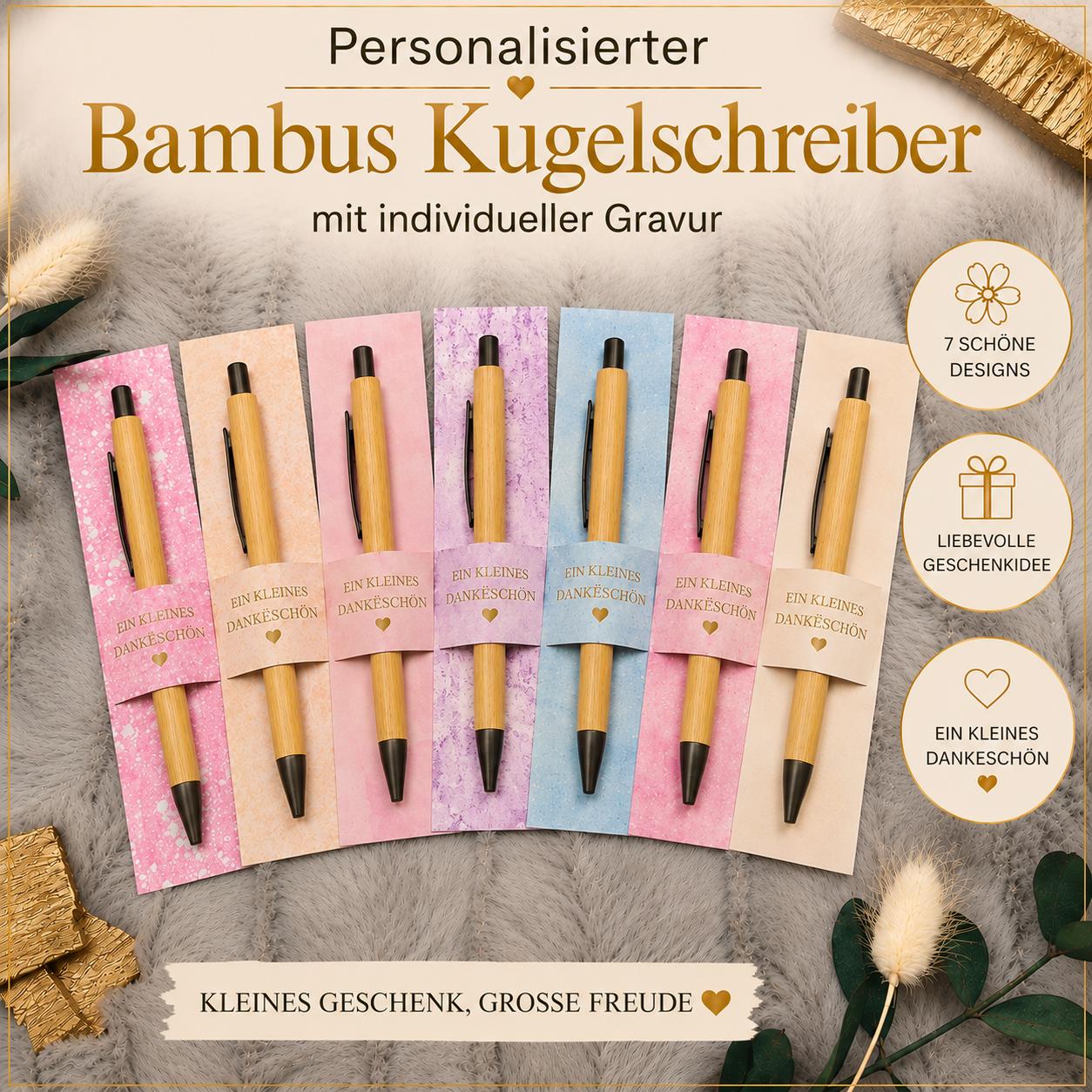 Kugelschreiber Bambus personalisiert in Papphülle mit "Ein Kleines Dankeschön" 7 schöne Muster Geschenk individueller Gravur