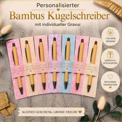Kugelschreiber Bambus personalisiert in Papphülle mit "Ein Kleines Dankeschön" 7 schöne Muster Geschenk individueller Gravur