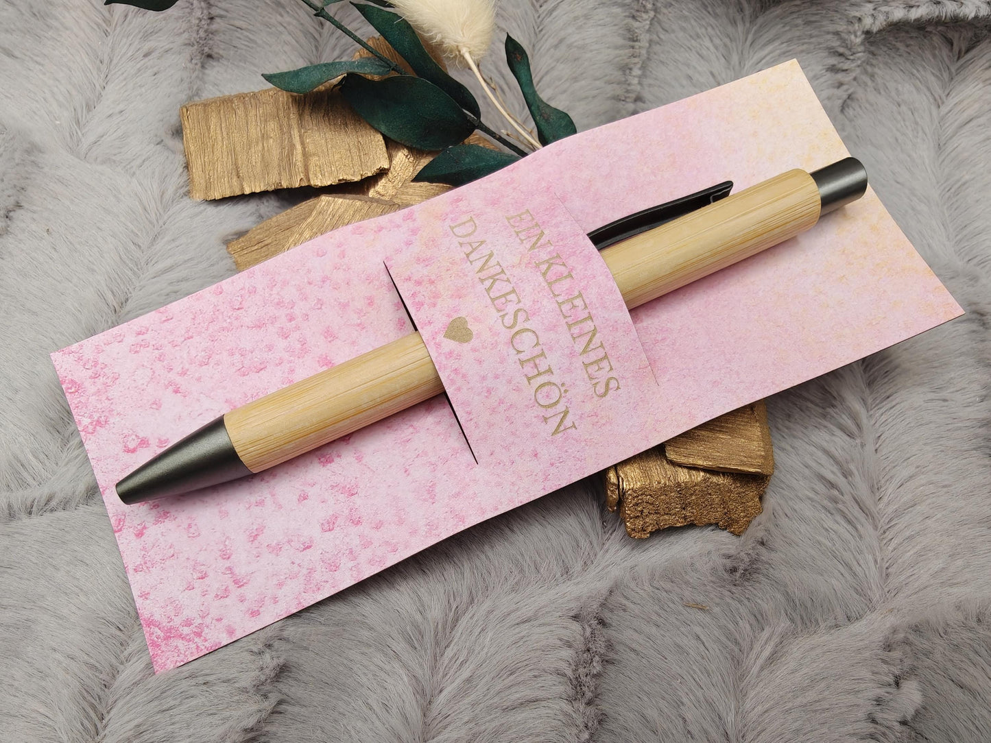Kugelschreiber Bambus personalisiert in Papphülle mit "Ein Kleines Dankeschön" 7 schöne Muster Geschenk individueller Gravur
