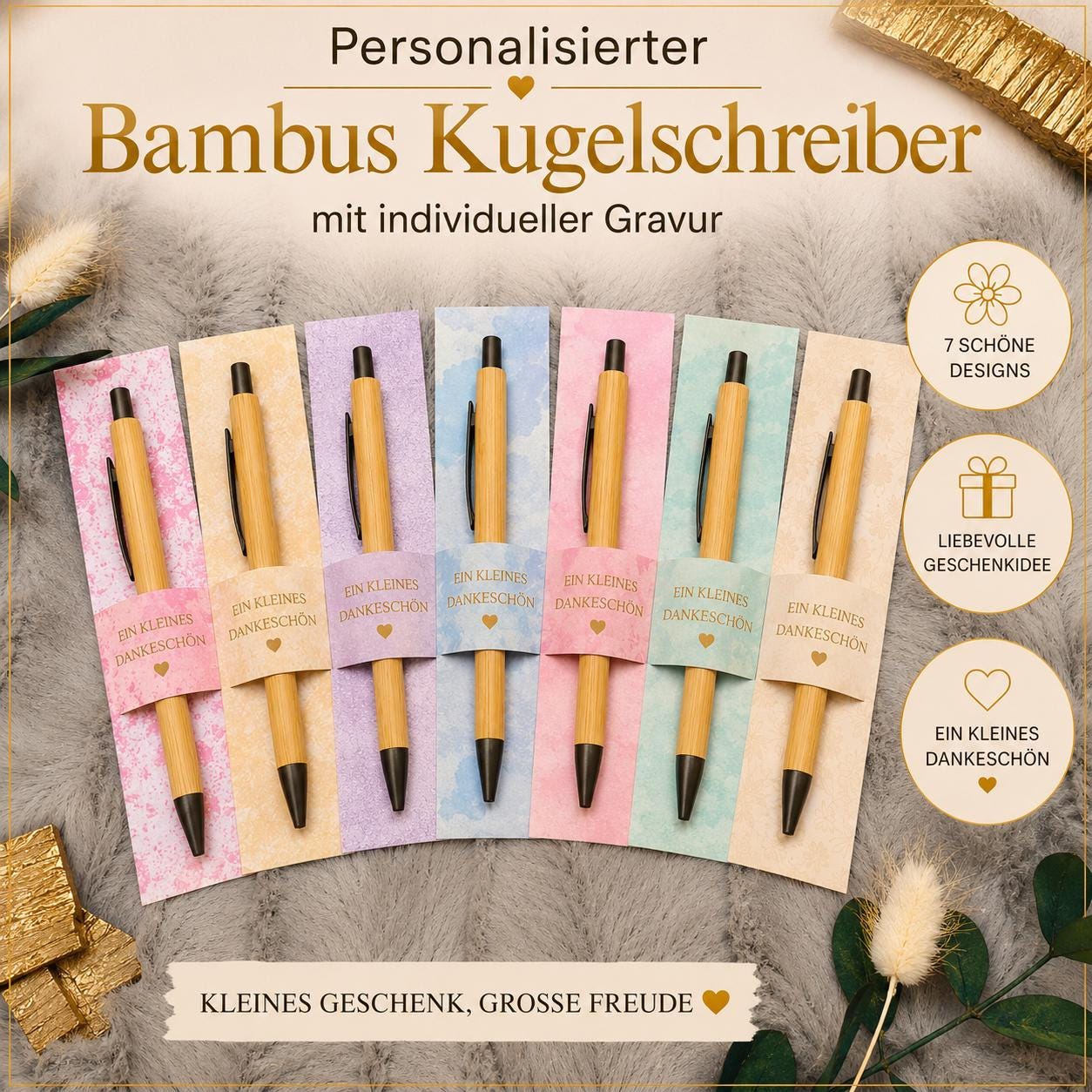 Kugelschreiber Bambus personalisiert in Papphülle mit "Ein Kleines Dankeschön" 7 schöne Muster Geschenk individueller Gravur