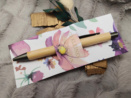 Kugelschreiber Bambus personalisiert in Papphülle mit "Ein Kleines Dankeschön" 6 florare Muster Geschenk individueller Gravur