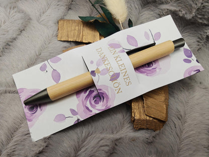 Kugelschreiber Bambus personalisiert in Papphülle mit "Ein Kleines Dankeschön" 6 florare Muster Geschenk individueller Gravur