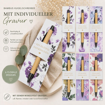 Kugelschreiber Bambus personalisiert in Papphülle mit "Ein Kleines Dankeschön" 6 florare Muster Geschenk individueller Gravur