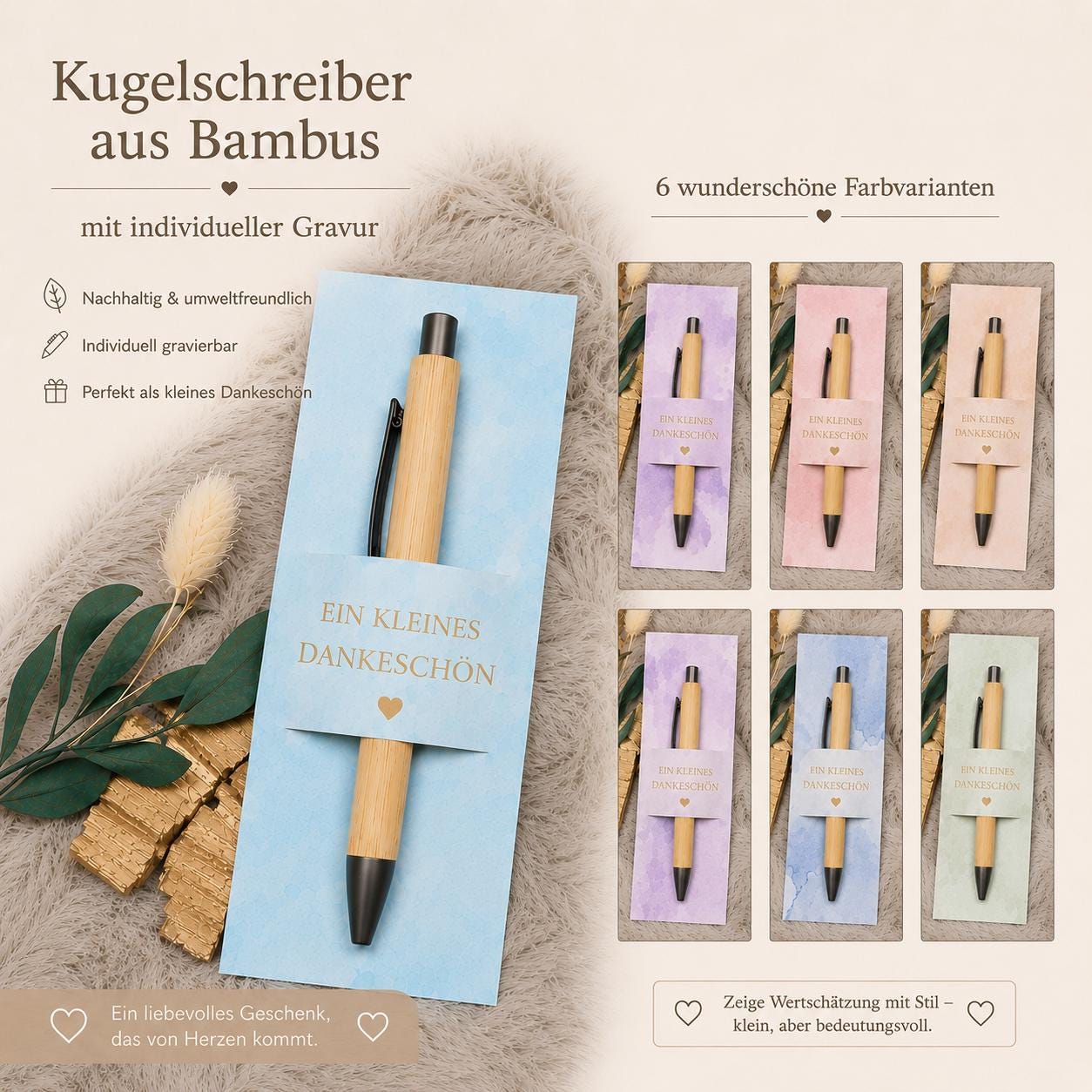 Kugelschreiber Bambus personalisiert in Papphülle mit "Ein Kleines Dankeschön" 6 Schöne Farbmuster Geschenk individueller Gravur