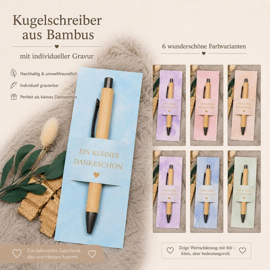 Kugelschreiber Bambus personalisiert in Papphülle mit "Ein Kleines Dankeschön" 6 Schöne Farbmuster Geschenk individueller Gravur