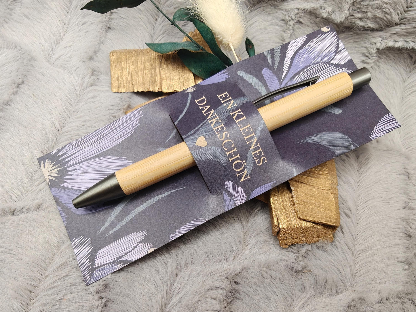 Kugelschreiber Bambus personalisiert in Papphülle mit "Ein Kleines Dankeschön" 6 florale Muster Geschenk individueller Gravur