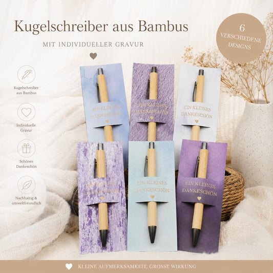 Kugelschreiber Bambus personalisiert in Papphülle mit "Ein Kleines Dankeschön" 6 schönen Mustern Geschenk individueller Gravur