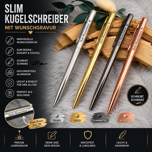 Personalisierter Kugelschreiber Slim Design | Eleganter Stift mit Gravur | 4 Farben Kuli Geschenk mit Name | Roségold Gold Silber Gunmetal