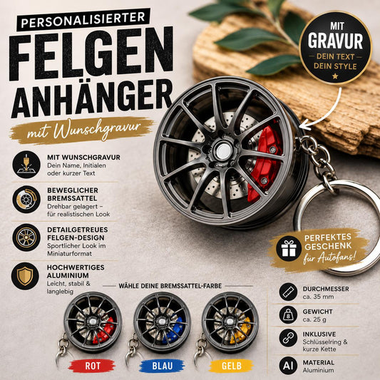 Personalisierter Felgen Schlüsselanhänger mit Gravur | Auto Felge | Aluminium Anhänger | Tuning Geschenk | Bremssattel rot blau gelb