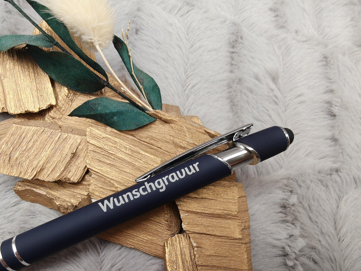 Kugelschreiber personalisiert mit Touchpen dunkelblau aus Aluminium mit Gravur Kuli Stift Holz Gastgeschenk Geschenk